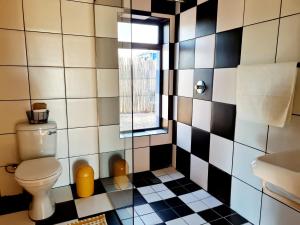 une salle de bain avec toilettes et fenêtre dans l'établissement Die Blouhuis Farmhouse Retreat with a hot tub, à Cloeteskraal 11 autres photos