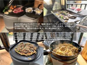 uma colagem de imagens de alimentos e uma panela de alimentos em 快適なアメリカ製トレーラーハウスで非日常グランピング em Maibara