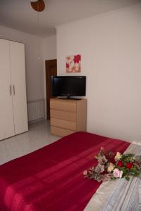 1 dormitorio con 1 cama con manta roja y TV de pantalla plana en Panta rei en Mentana