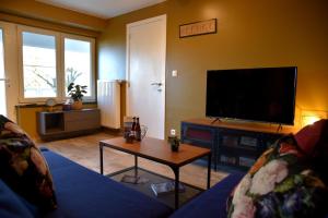 a living room with a couch and a tv at Le Refuge in Namur