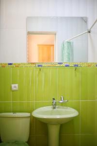 ein Badezimmer mit einem Waschbecken, einem WC und einem Spiegel in der Unterkunft Aquamarine Inn in Tscholponata