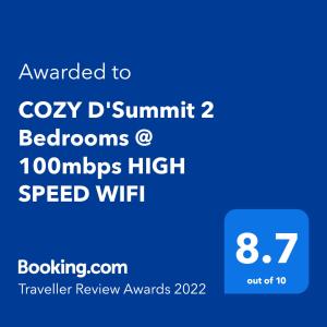 Un certificat, premiu, logo sau alt document afișat la COZY D'Summit 2 Bedrooms @ 100mbps HIGH SPEED WIFI