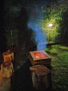 a fire pit in a yard with two logs at Cantinho da Luz in Ponta Delgada