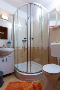 a bathroom with a shower with a toilet and a sink at Erika Vendégház in Eger