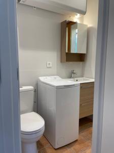 a bathroom with a white toilet and a sink at Beau studio tout équipé dans le centre historique in Biot