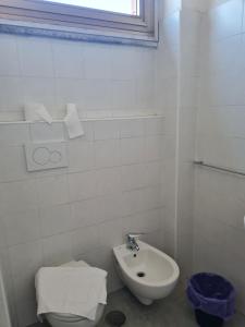 La salle de bains blanche est pourvue de toilettes et d'un lavabo. dans l'établissement LA PALAZZINA, à Rome