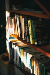 a row of books on a book shelf at Pousada Da Praia CARAIVA in Caraíva