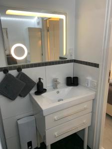 ein Badezimmer mit einem weißen Waschbecken und einem Spiegel in der Unterkunft Holzhaus Leverkusen in Leverkusen
