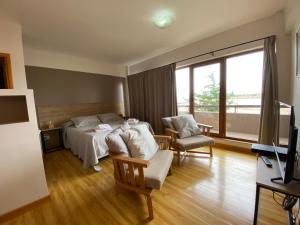 a living room filled with furniture and a large window at Polo Sur Apartamentos in Ushuaia
