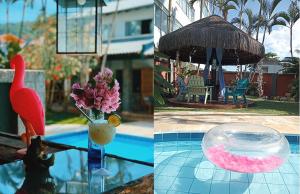 two pictures of a pool with a bird and a bowl of pink liquid at Pousada Villa Caiobá in Matinhos