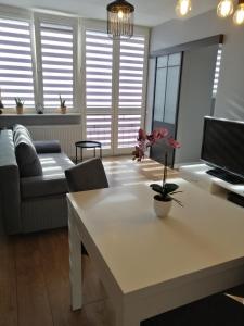 uma sala de estar com um sofá e uma mesa em Apartament w Centrum em Szczecin