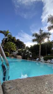 a large blue swimming pool with chairs and palm trees at Pousada Chez Nous in Penedo