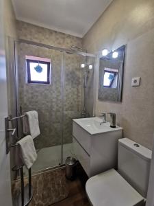 a bathroom with a shower and a sink and a toilet at VIVENDA TABORDA in Viana do Castelo