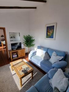 salon z niebieską kanapą i stolikiem kawowym w obiekcie Lovely 2 Bed Apartment with Stunning views & Pool w mieście Cómpeta