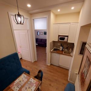 een woonkamer met een blauwe bank en een keuken bij Aria Apartments Sarajevo in Sarajevo
