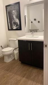 La salle de bains est pourvue d'un lavabo, de toilettes et d'un miroir. dans l'établissement Exceptional Loft FREE Parking and WIFI, à Los Angeles