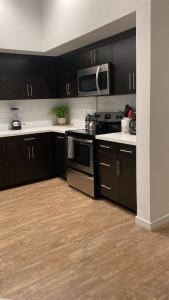 una cocina con armarios negros y electrodomésticos de acero inoxidable en Exceptional Loft FREE Parking and WIFI, en Los Ángeles