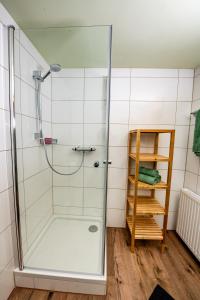 a shower with a glass door in a bathroom at Rainerhof in Murau