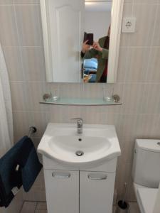 a person taking a picture of a bathroom with a sink at Ruhiges, gemütliches Zimmer mit Bad für 2 Personen, mit Gartenterasse in Lübeck