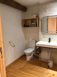 a bathroom with a toilet and a sink at Chambre d'hôte aux Pivoines in Nistos