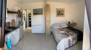 ein kleines Schlafzimmer mit einem Bett und einer Küche in der Unterkunft le moulin blanc in Castelmaurou