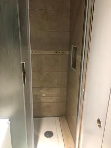 y baño con ducha y puerta de cristal. en Dučić Apartment, en Trebinje