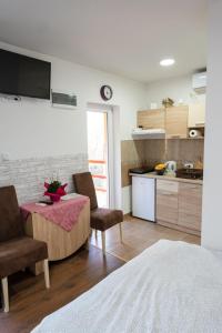 a room with a table and two chairs and a kitchen at Apartmani Zapis Vrdnik in Vrdnik