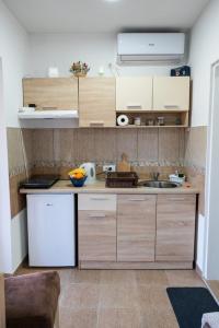una pequeña cocina con armarios de madera y fregadero en Apartmani Zapis Vrdnik en Vrdnik