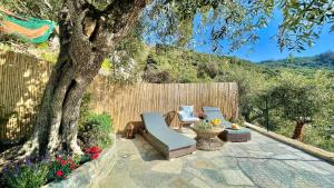 un patio con 2 sillas, una mesa y un árbol en Foglie d'Argento en Moneglia