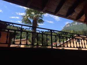 a balcony with a view of a palm tree and mountains at Hotel Adler in Menaggio