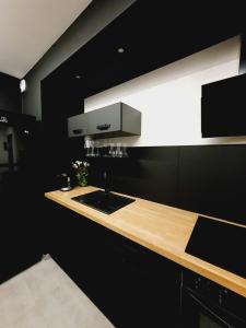 a kitchen with black walls and a counter with a sink at Apartamenty HashtagWilda in Poznań +3 photos