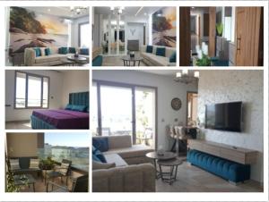 un collage de fotos de una sala de estar y una sala de estar en Design & luxury apartment with sea view in Mrezga Hammamet, en Nabeul