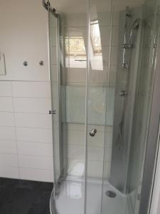 a shower with a glass door in a bathroom at Megis Ferien Unterkunft 