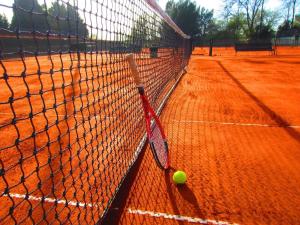 a tennis racket and a tennis ball on a tennis court at Fiordo Specchio Nautico in Isola Albarella