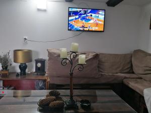 a living room with a couch and a tv on the wall at Tara Suncani sjaj-planinska kuca in Šljivovica