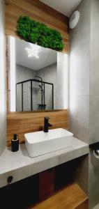 a bathroom with a white sink and a mirror at Apartamenty HashtagWilda in Poznań