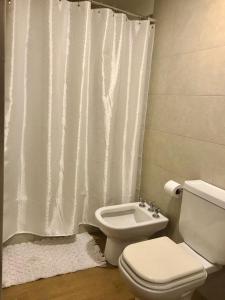 La salle de bains est pourvue de toilettes et d'un rideau de douche. dans l'établissement Estudio Vasquitas Bariloche La mejor Ubicación, à San Carlos de Bariloche