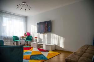 a living room with a television and a colorful rug at Lovely 2-bedroom Flat in Šiauliai in Šiauliai