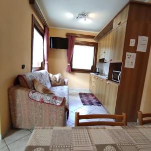 uma sala de estar com um sofá e uma cozinha em Baita Stella Alpina em Livigno