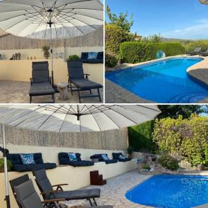 a collage of three pictures of a pool and an umbrella at Little Bali Javea in Jávea