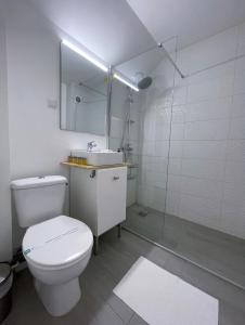 a bathroom with a toilet and a sink and a shower at Inga Apartment in Turda