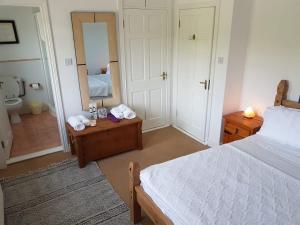 um quarto com uma cama e uma casa de banho com um espelho. em Malin Head SolasTobann ArtHouse Room 1 En-suite em Malin Head