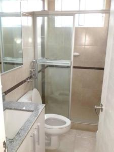 uma casa de banho com um WC e uma cabina de duche em vidro. em Apartamento vacacional - disfruta playa y toboganes a 32km de la ciudad em ArraijÃ¡n