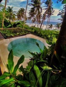 a small swimming pool with palm trees and a beach at TS2W See More Beach Treehouse in Matara +10 photos