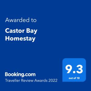 Сертификат, награда, вывеска или другой документ, выставленный в Castor Bay Homestay