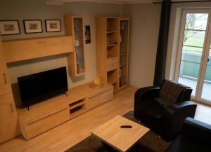 a living room with a tv and a couch and a chair at Elbtal-Apartment de in Heidenau