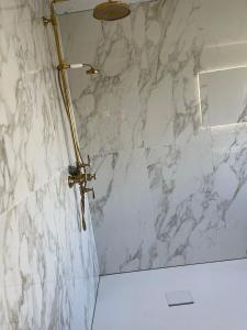 a shower in a bathroom with a marble wall at Ferienwohnung Haus Weitblick in Bad Bertrich