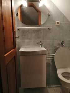 a bathroom with a sink and a toilet and a mirror at Two bedroom apartment with swimming pool in Gyenesdiás