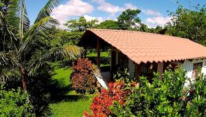 ein Haus mit einem Kacheldach und einigen Pflanzen in der Unterkunft Hotel Three Monkeys in Montezuma