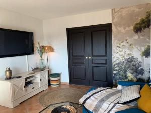 een woonkamer met een tv en een bank bij Villa carioca appartement bâbord in Gujan-Mestras